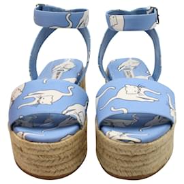 Miu Miu-Miu Miu Cat-Print Espadrille Sandals in Blue Canvas-Blue