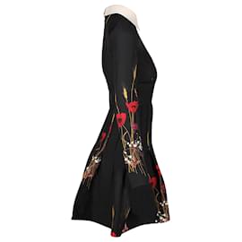 Valentino Garavani-Valentino Garavani Collared Long Sleeve Mini Dress in Floral Print Black Wool-Black