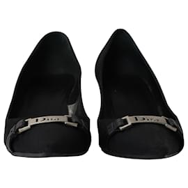 Dior-Christian Dior Pointed Toe Logo Buckle Pumps in Black Cotton-Black