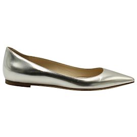 Jimmy Choo Mirror Silver Leather Romy Flats Silvery Metallic