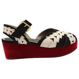 Marni Ankle Strap Wedge Sandals in Black and Red Velvet Red Dark red