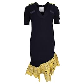 Sacai-Navy Blue Knit Dress with Yellow Lace Hem-Blue,Navy blue