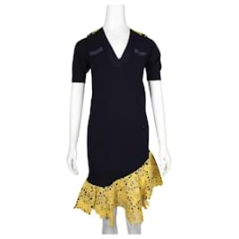 Sacai-Navy Blue Knit Dress with Yellow Lace Hem-Blue,Navy blue