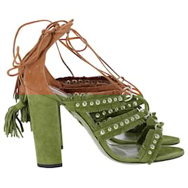 Aquazzura-Aquazzura Tassel Accents Gladiator Sandals in Brown Suede-Brown