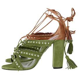 Aquazzura-Aquazzura Tassel Accents Gladiator Sandals in Brown Suede-Brown