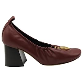 Céline-Sapatos Celine Salto Bloco com Pingente em Couro Borgonha-Bordeaux