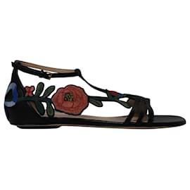 Gucci-Gucci Ophelia Floral-Embroidered Flat Sandals in Black Leather -Black