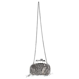 Alexander Mcqueen-Alexander Mcqueen Embellished Skull Clutch in Silver Leather-Silvery