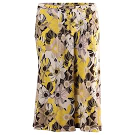 Céline-Celine Floral Print Pleated Skirt in Yellow Silk-Yellow