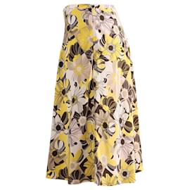 Céline-Celine Floral Print Pleated Skirt in Yellow Silk-Yellow