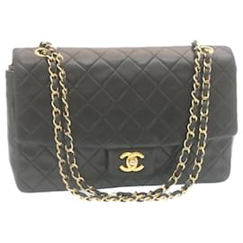 Chanel-CHANEL Matelasse Double Chain Flap Shoulder Bag Lamb Skin Black Gold Auth 34511A-Black,Golden