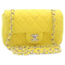 Chanel-CHANEL Matelassê Bolsa tiracolo com aba e fecho amarelo CC Auth 34513NO-Amarelo