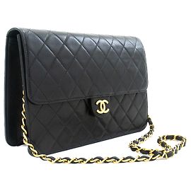 CHANEL Bolso de hombro con cadena Cartera Cartera acolchada negra con solapa de cordero Negro