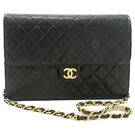 Chanel-CHANEL Bolso de hombro con cadena Cartera Cartera acolchada negra con solapa de cordero-Negro