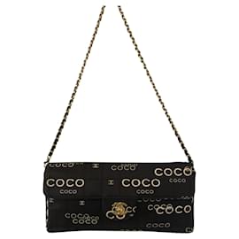 Chanel-Chanel black/Dark Brown Canvas Coco and CC Square Stitch Quilted East West Flap Bag with shiny gold CC turn lock & black leather removable chain.-Black,Beige,Grey,Dark brown
