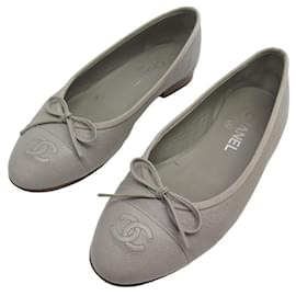 Chanel-CHANEL LOGO CC G BALLERINAS SHOES02819 37.5 GRAY LEATHER SHOES-Grey