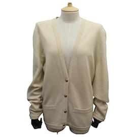 Chanel-JACKE CHANEL CARDIGAN L 42 AUS KASCHMIR-KNÖPFEN KASCHMIR-JACKE MIT CC-LOGO-Beige