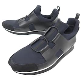 Hermès-HERMES PLAYER SNEAKERS 43 BLUE CANVAS BLACK LEATHER SNEAKERS + BOX-Blue