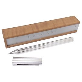 BULGARI TREFLE SILVER METAL BALLPOINT PEN + SILVER PLATED ROLLERBALL PEN BOX Silvery