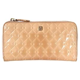 Fendi-***Fendi Patent Leather Roud Zip Long Wallet-Beige