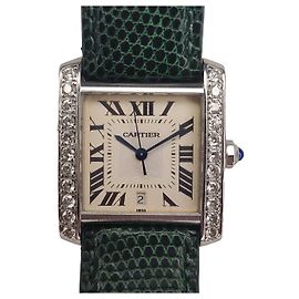 Cartier Tank Francaise 2302 Diamonds Bezel Box Couro + Pulseira de aço Branco