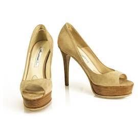 Brian Atwood-Brian Atwood Beige Suede Open Toe Pumps Slim High Wooden Heels Shoes sz 37-Beige