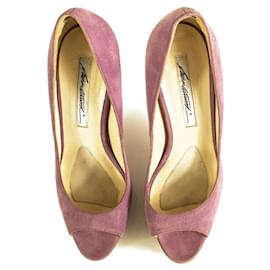 Brian Atwood-Brian Atwood Pink Purple Suede Open Toe Pumps Slim High Wooden Heels Shoes sz 37-Purple