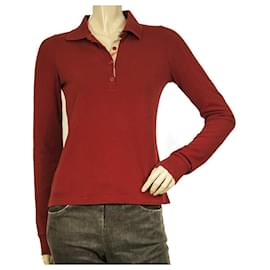 Burberry-Burberry T-shirt classica a maniche lunghe in cotone rosso con collo a polo taglia XS-Rosso