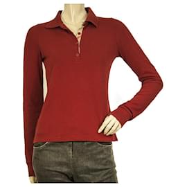 Burberry-Burberry Red Cotton Long Sleeve Classic Polo cuello T- Shirt top talla XS-Roja