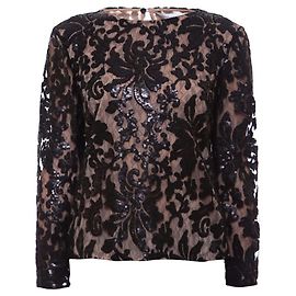 Diane Von Furstenberg DvF ‘Belle’ black long sleeve top with  sequin floral lace mesh Black Flesh