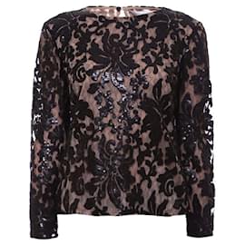 Diane Von Furstenberg-DvF ‘Belle’ black long sleeve top with  sequin floral lace mesh-Black,Flesh