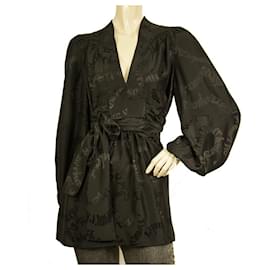 Zimmermann-Zimmermann Black 100% Blusa túnica longa com cinto de seda jacquard tamanho superior 1-Preto