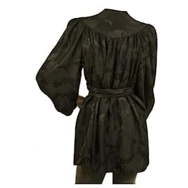 Zimmermann-Zimmermann Black 100% Blusa túnica longa com cinto de seda jacquard tamanho superior 1-Preto