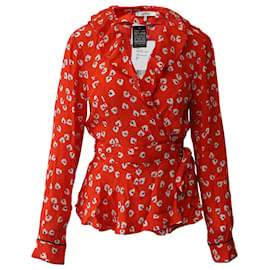 Ganni-Ganni Silvery Crepe Floral Wrap Blouse in Big Apple Red Viscose -Red