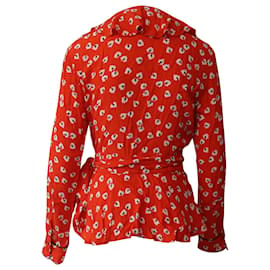 Ganni-Ganni Silvery Crepe Floral Wrap Blouse in Big Apple Red Viscose -Red