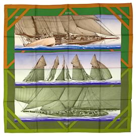Hermès-Hermès carré Rafales scarf in green, burnt orange and blue silk-Green