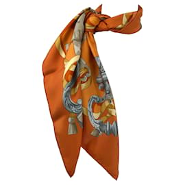 Hermès-Hermès carré Ferronnerie scarf in burnt orange, buttercup and silver silk-Orange
