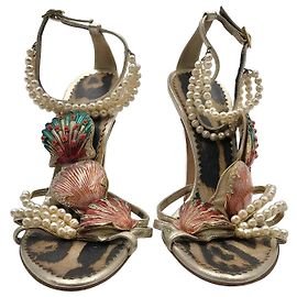 Roberto Cavalli sandals in gold leather with high heels, Beads, crystals & metal shells Golden Metallic