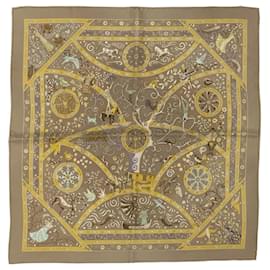 Hermès-Hermès gavroche Peuple du Vent small scarf in grey, yellow and aqua silk-Grey