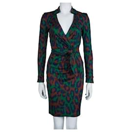 Diane Von Furstenberg-Robe portefeuille en soie "léopard vert" DvF Savannah-Multicolore,Vert