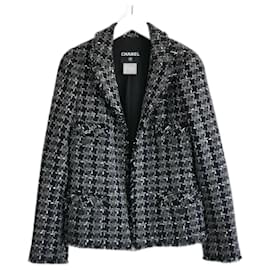 Chanel-CHANEL Fall 2007 07A Cashmere Houndstooth Tweed Jacket-Grey,Navy blue