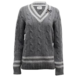 Erdem-Erdem Albertha V-neck Cable Knit Sweater in Grey Wool-Grey