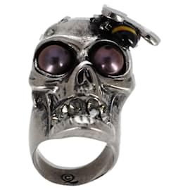 Alexander Mcqueen-Alexander McQueen Bee Crystal Studded Skull Ring in Silver Metal-Silvery,Metallic