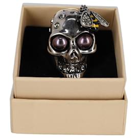 Alexander Mcqueen-Alexander McQueen Bee Crystal Studded Skull Ring in Silver Metal-Silvery,Metallic