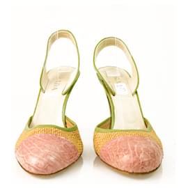 Prada-Prada Vintage Pink Cap Toe Slingbacks Verde Charol Zapatos de tacón de mimbre 36-Multicolor