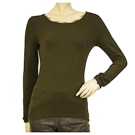 Burberry-Burberry Green Long Sleeve Check Trimming Elastic T- Shirt top size XS-Green