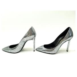 Saint Laurent-NINE SAINT LAURENT ANJA SHOES 582301 Shoes 36 SILVER LEATHER PUMPS-Silvery