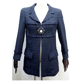 Chanel-NEW CHANEL SUIT JACKET + SKIRT 40 M P31329 IN BLUE TWEED BROOCH JACKET-Navy blue