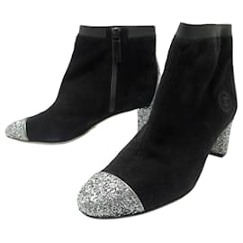 Chanel-NEW CHANEL BOOTS SHOES LOGO CC SUEDE SEQUINS SILVER 38 NEW BOOTS-Black