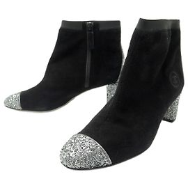 NEUF CHAUSSURES BOTTINES CHANEL LOGO CC DAIM SEQUINS ARGENTES 38 NEW BOOTS Noir